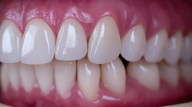 Close-up of a smile with perfectly aligned, bright white teeth and pink gums.