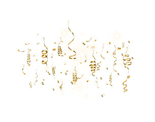 Golden confetti and curling ribbons with glowing light particles and festive celebration effect on transparent background.