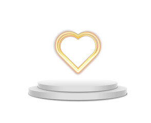 Glowing golden heart above white podium, romantic light symbol on transparent background.