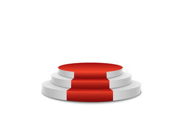 Red carpet podium with three round stages, elegant award platform on transparent background.
