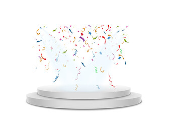 White podium with glowing blue spotlights and colorful confetti, festive celebration scene on transparent background.