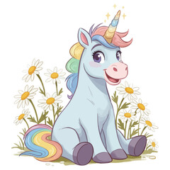 Cute cartoon unicorn sitting in daisies. Adorable pastel baby unicorn with rainbow hair, horn. Sweet magical art illustration of little unicorn in field of flowers. Whimsical blue unicorn character