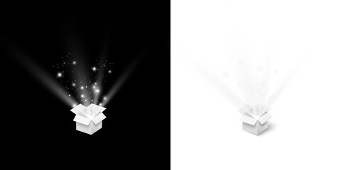Magic glowing light burst and sparkling particles coming out of open gift box, with two versions on dark and transparent backgrounds.