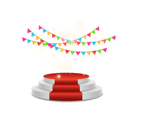 Red carpet podium with confetti explosion, glowing celebration background and festive abstract elements on transparent backdrop.