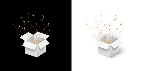 Open gift box with golden confetti explosion on black background creating festive celebration effect.