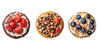 Assorted cupcakes with berries chocolate nuts and creamy frosting gourmet dessert collection isolated on white background