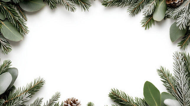 Evergreen wreath frame with pine cones and eucalyptus leaves, festive natural border - Powered by Adobe