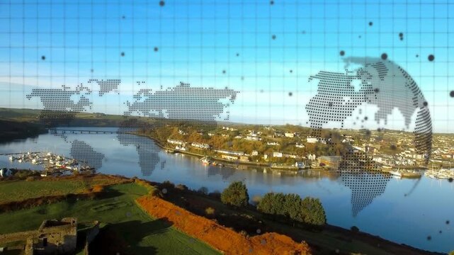 Camera shifting right and down, aerial river bend showing marina, ruins, dotted globe rotating map