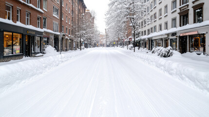 Fototapeta premium Snow covered old town street blank center zone serene winter morning with shops