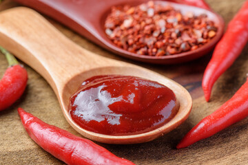 Wooden spoons of dried chili pepper flakes and pepper paste