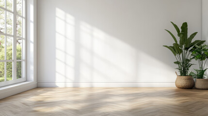 Fototapeta premium Minimalist sunlit empty room with large window and potted plants creating calm
