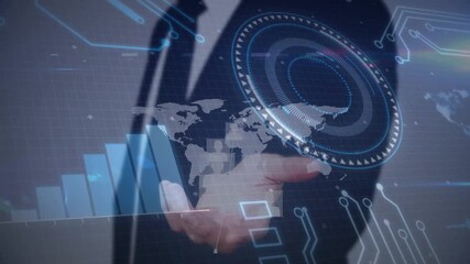 Suited man bringing right hand forward for business, activating holo HUD over palm, map, blue chart - Powered by Adobe