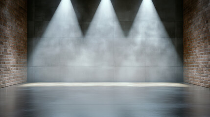 Empty industrial stage with misty spotlights and brick walls