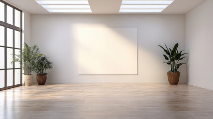 Bright minimalist gallery interior with blank canvas and potted plants evoking calm