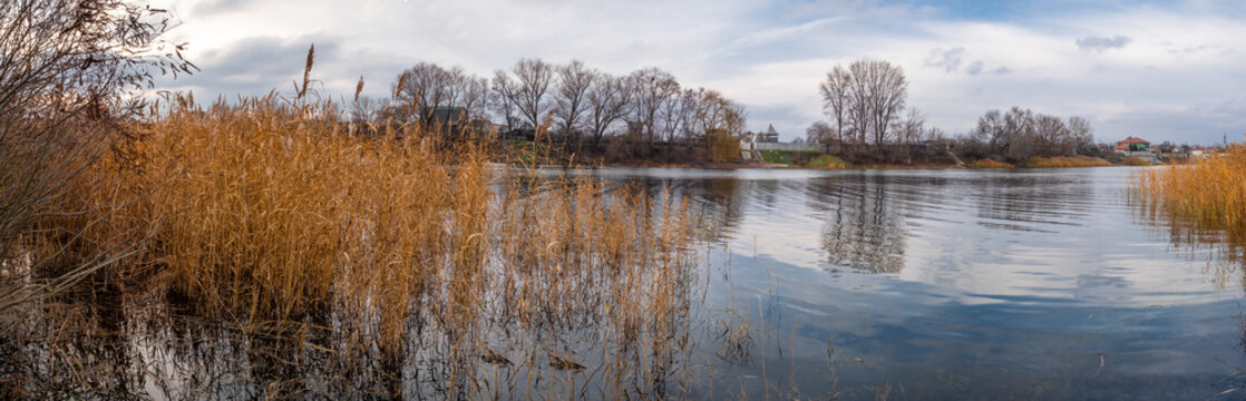 Calm autumn lakeside landscape with dry golden reeds, bare trees, village houses and soft cloudy sky reflected in the water. Tranquil rural scenery capturing the quiet mood of late fall.