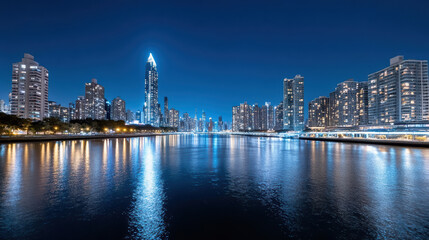 Fototapeta premium Blue city skyline reflection river at night with illuminated high rise buildings
