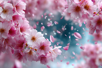 Fototapeta premium Pink cherry blossoms with falling petals on blue
