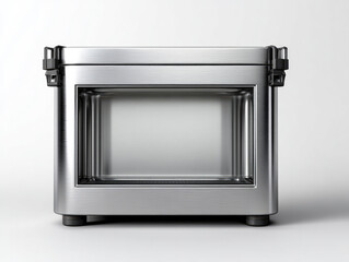 Obraz premium Stainless steel cooler front facing modern insulated box metallic finish durable portable kitchen appliance food storage sleek design