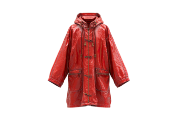Red hooded raincoat with toggle closures for rainy weather protection isolated on transparent background