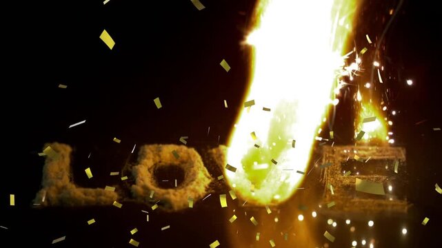 Spark igniting letter E LOVE letters burning sparks flying confetti falling creating charred edges