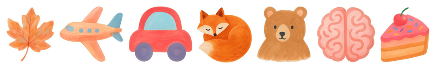 Obraz premium PNG Cute doodles: leaf, plane, car, fox, bear, brain, cupcake element set on transparent background.