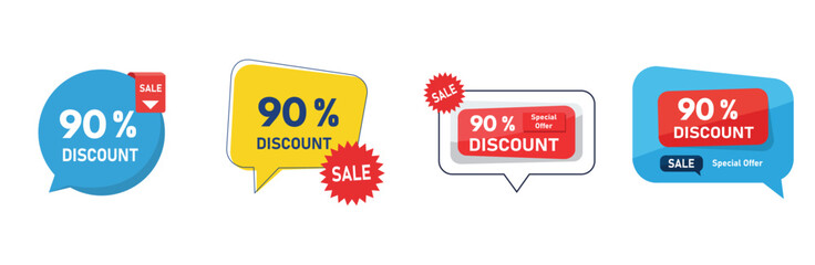 90% Discount Sale Badge Set – Modern Speech Bubble Offer Labels for Promotion and Marketing