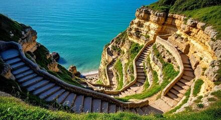 Layered Cliffside Steps Overlooking a Calm Blue Sea and Horizon