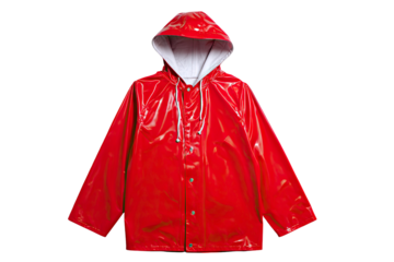 Vibrant red raincoat with hood and shiny waterproof material for rainy weather protection isolated on transparent background