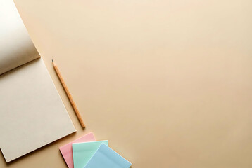 Minimalist Desk Workspace with Notebook, Pencil, and Pastel Sticky Notes