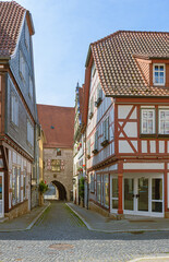 View to north side of the town hall of Muhlhausen through the street leading to it