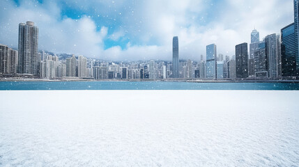 Naklejka premium Snow skyline waterfront with falling snowflakes and empty snowy foreground