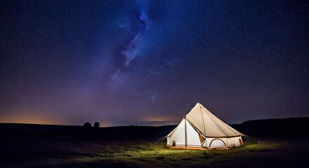 Lone Illuminated Tent Under a Vast Starry Night Sky