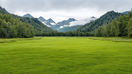 Naklejka premium Lush green meadow leading to misty mountain range with forested slopes and calm mood