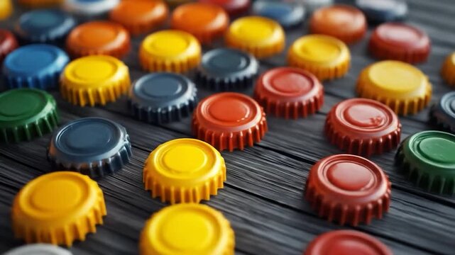 A vibrant array of colorful metal bottle caps scattered on a rustic, weathered wooden surface