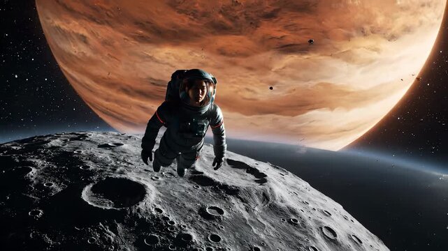 Woman astronaut floats above moon surface with planet behind. Female explorer walks on moon crater. Astronaut on lunar surface with planet. Woman in spacesuit explores moon. Space exploration mission.