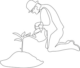 Continuous one line drawing of kneeling person with watering can and plants. Vector background, banner, poster for irrigation systems concept. Illustration of plants watering. 