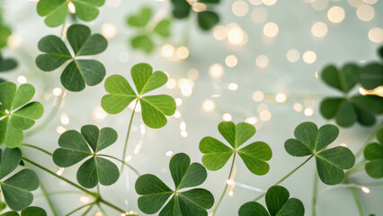 Fototapeta premium St patricks graphic design. Festive pattern of clover leaves with bokeh lights creating magical atmosphere