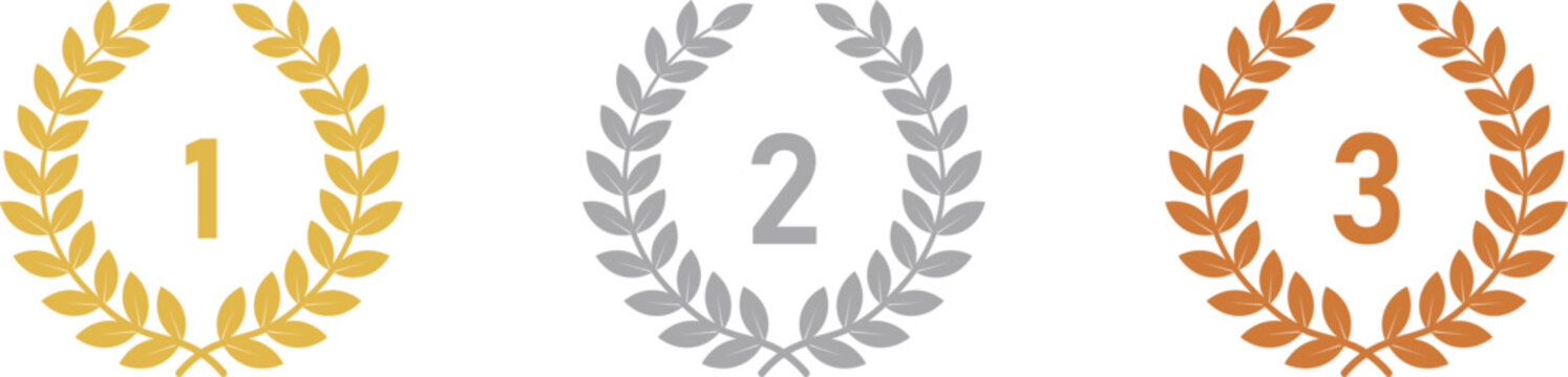 Gold Silver Bronze Laurel Wreaths with Numbers 1 2 3 award prize