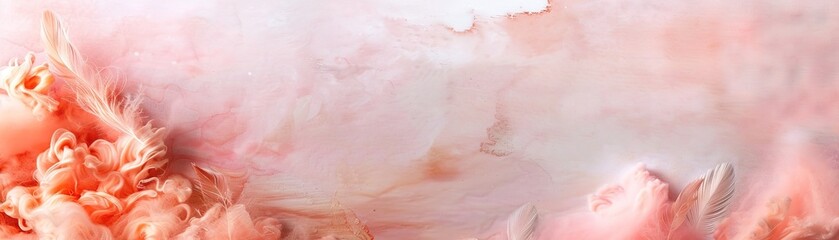 Fototapeta premium Phoenix feathers appear to form a colorful border with fiery tones. The background has soft shades and textures that blend well with the feathers