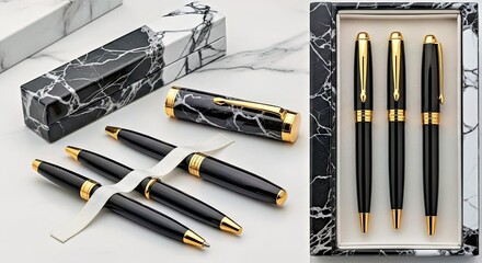 Luxury Black and Gold Pen Set with Elegant Marble Patterned Case