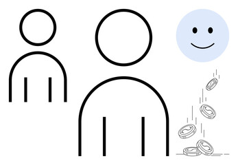 Financial growth, personal connections, happiness, money management, collaboration, emotional well-being. Two outlined figures, a smiling face and coins. Financial growth and happiness concepts
