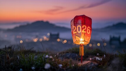 glowing red Chinese lantern floating over foggy landscape at sunset 2026