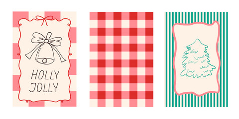 Contemporary Coquette Merry Christmas and Happy New Year greeting Posters vector Set. Whimsical bell and Christmas tree in trendy Coquette style. XMAS art with Bows and Ribbons