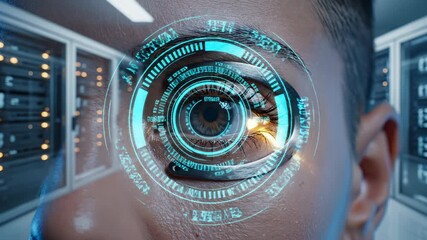 Man with futuristic biometric eye scanner interface in data center with server. Digital identification scan overlay on eye with biometric recognition. Person undergoes retina scan technology display. - Powered by Adobe