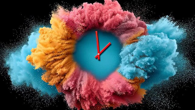 Colorful explosion of powder particles surrounds a clock face, showcasing vibrant hues of blue, pink, and orange, as the camera smoothly pans around the dynamic scene, emphasizing motion and energy