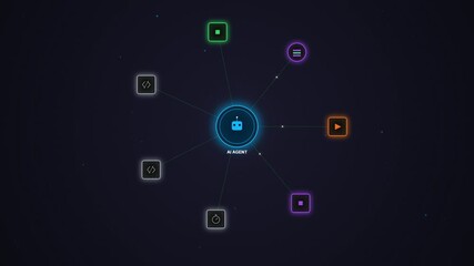 Central ai agent connected to various digital task icons like coding, media, and settings in a dark futuristic network diagram - Powered by Adobe