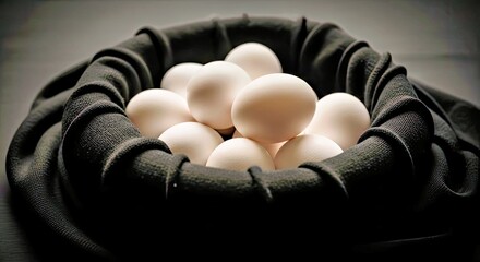 Monochrome Still Life: White and Cream Eggs in Black Fabric Nest