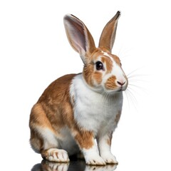Fototapeta premium Brown and White Rabbit Sitting Isolated on White Background with Reflection