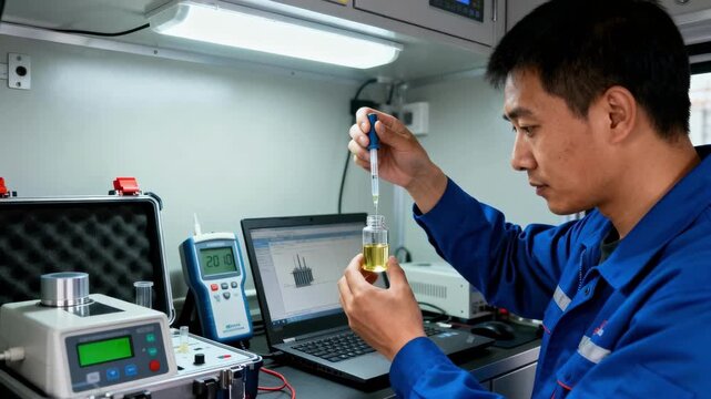 Technician examines transformer oil sample in a compact mobile lab filled with advanced analysis equipment for quick diagnostics