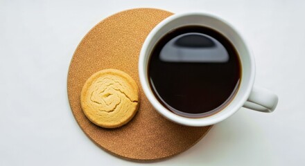 Overhead View of Dark Coffee in White Cup with Biscuit and Cork Coaster